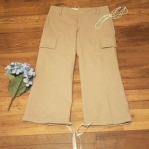 Tan wool slacks with drawstring cuffs